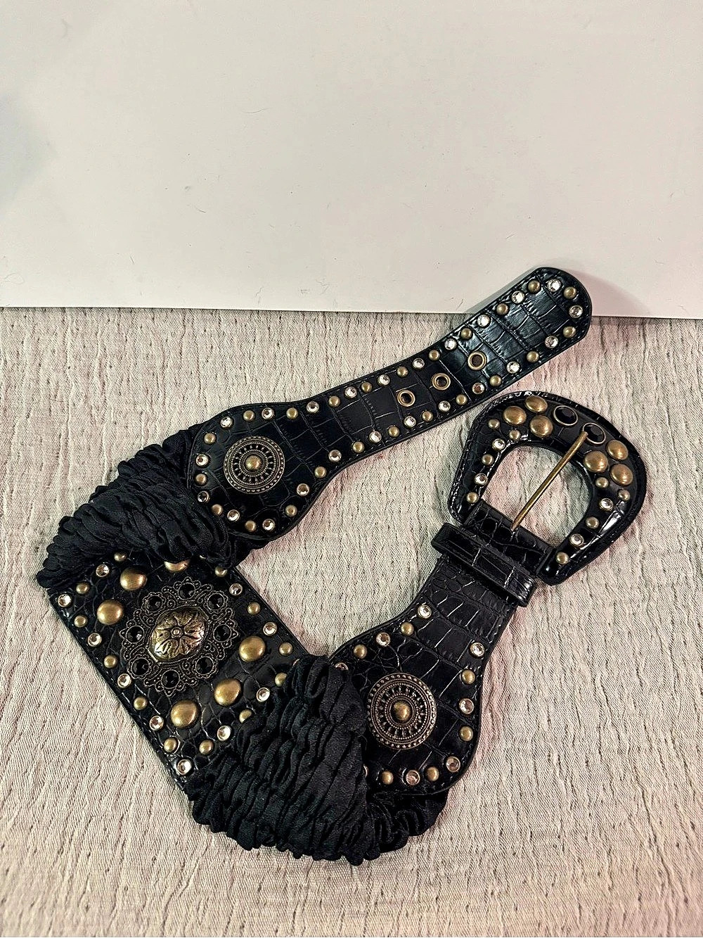 Vintage Black Studded Statement Belt Stretch Wide Corset Boho Medallion S/M